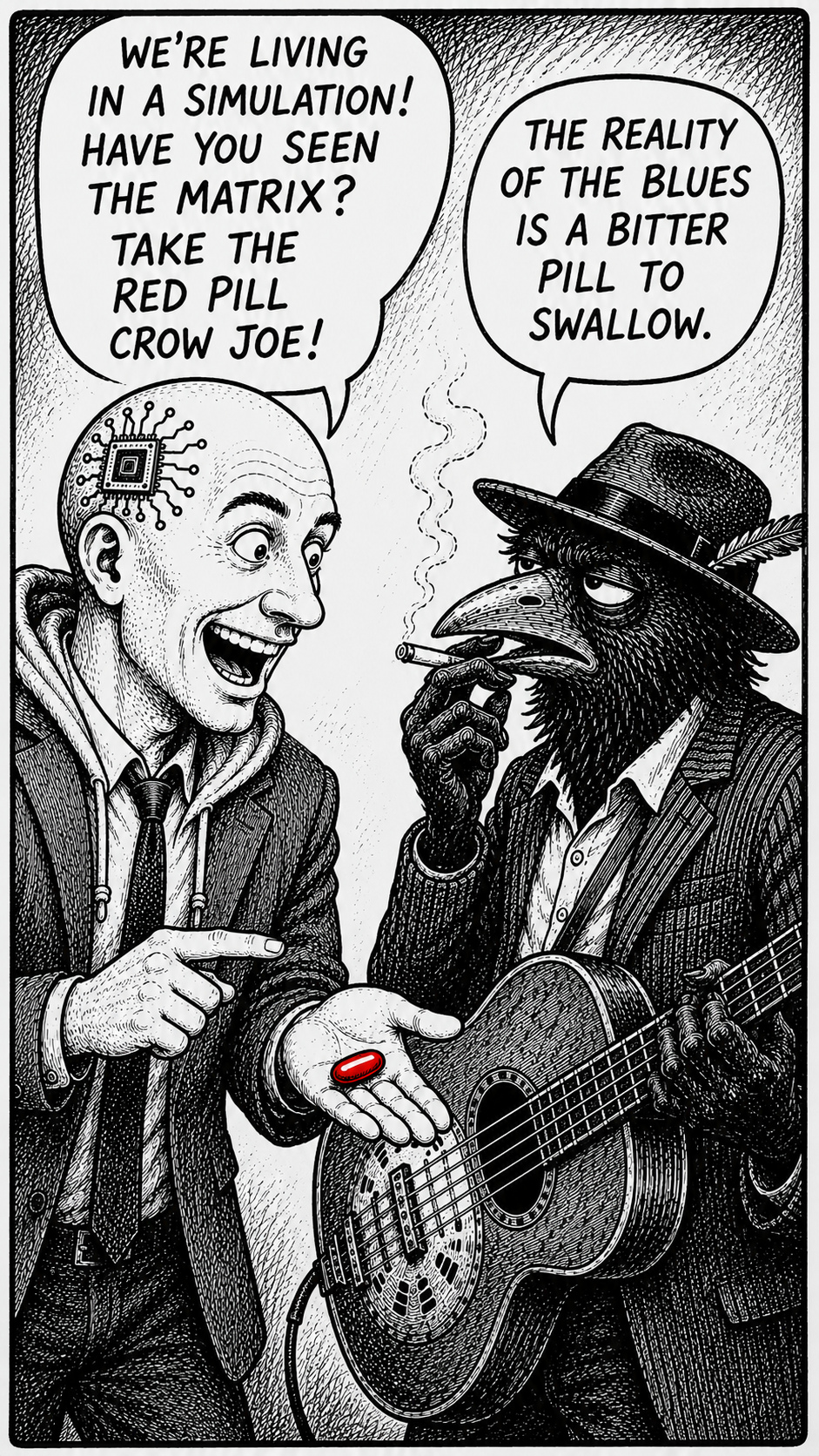 Crow Joe in the Age of AI comic - The transhumanist, technocrat with visible brainchip and business suit over hoodie, tries to persuade with a hand offering a red pill and saying "We're living in a simulation! Have you seen the Matrix? Take the Red Pill Crow Joe!" Crow Joe the blues playing crow responds "The reality of the blues is a bitter pill to swallow." These are opposing perspectives on the nature of reality.  Crow deflects the unfalsifiable red pill claim of the transhumanist by focusing on the true lived experience of the blues.  The simulation debate is irrelevant to Crow Joe's life